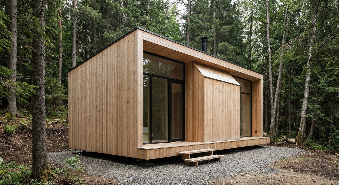 Modern cedar cabin with floor-to-ceiling windows in pine forest